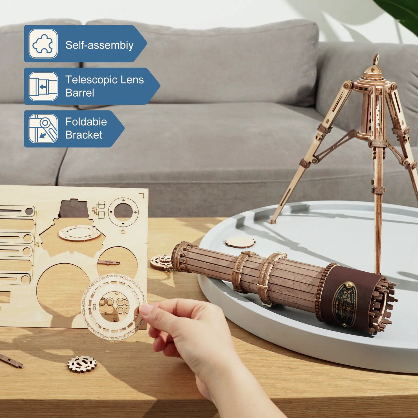 3D Assembled Wooden Monocular Telescope Model