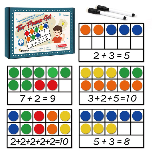 Torlam Magnetic Ten-Frame Set - Math Manipulative for Elementary - 5 Ten Frames & 55 Magnetic Math Counters for Kids Math Games for Kindergarten (Upgraded Version for Hand-held & 2 Black Pens)